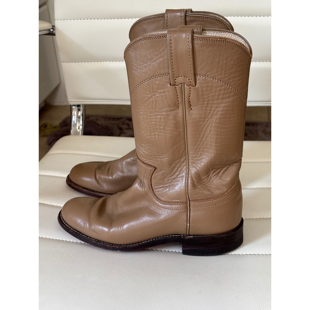 Justin Tan‎ Leather Roper Boots Round Toe Western Equestrian Low Heel Womens 4.5